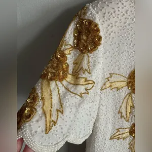 Vintage Silk Beaded Sequin Floral Top White Gold 80s Glam Party Blouse thumbnail 5