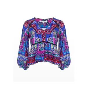 Hunter Bell Women Grayson Linen Patchwork V-Neck Top Medium Blue Mosaic Peplum thumbnail 7
