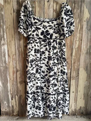 Perch black white floral print puff sleeve tiered flowy maxi dress summer 1X thumbnail 2