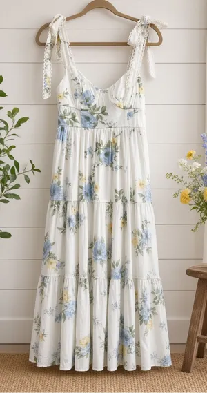 White Blue Yellow Floral Tiered Midi Dress Lace Tie Straps Small thumbnail 1