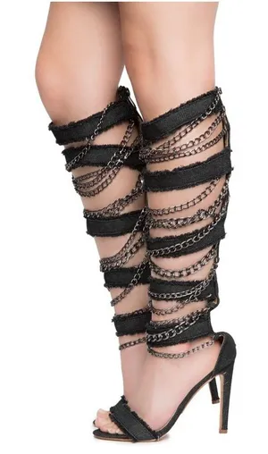 Cape Robbin Black Alza 77 Frayed Denim Spike Heel Chain Trim Gladiator Shoes 6 thumbnail 1
