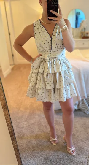 Anthropologie En Saison Cream Ruffle Polka Dot Mini Dress thumbnail 1