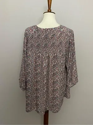 Rose & Olive Top Tunic Floral Split Neckline 3/4 Sleeve Smocking Pink Blue White thumbnail 12
