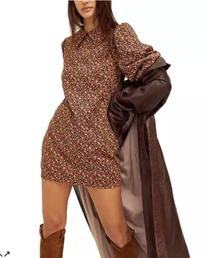 Free People Brown Printed Floral Sheath Mini Dress Small 3/4 Sleeves Collared thumbnail 5