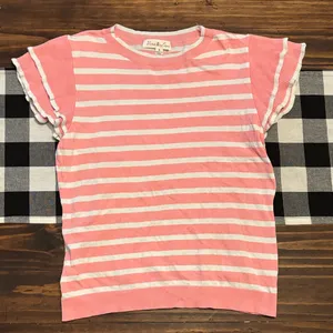 Vine & Love pink stripe short ruffle sleeve light weight sweater medium thumbnail 1