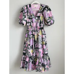 PINCH Watercolor Abstract Floral Midi Dress Smocked Puff Sleeve V-Neck Pink Sz M thumbnail 4