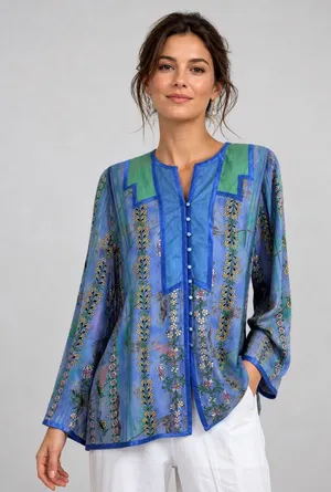 Maggie Shepherd Blue Floral Button Front Blouse Boho Top M Size M thumbnail 1