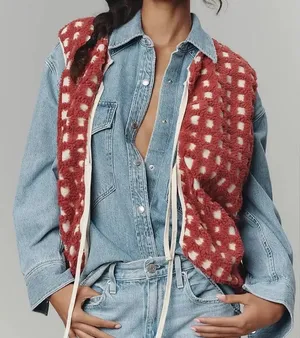 Anthropologie Red Checkered Fleece Tie Front Vest One Size OS JK THINGS VEST thumbnail 1