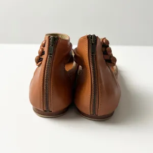 NEW ELF Muse Ankle Strap Leather Ballet Flats Dark Tan Braided Trim Zip Back 8.5 thumbnail 4