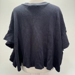 BUCKETLIST Navy Blue Waffle Knit Raw Edge Flutter Sleeve Slouchy Cropped Top NEW thumbnail 8