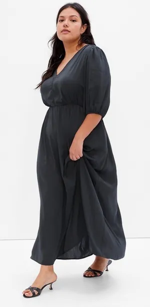 Gap Womens Black Satin Open Back V-Neck Puff Sleeve Maxi Dress Tie‎ Back thumbnail 1
