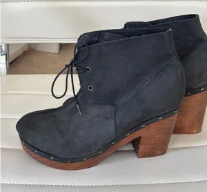 Free People Black Suede Lace Up Wood Platform Clog Ankle Boots‎ Made in Spain 37 thumbnail 1