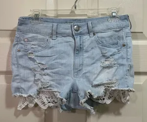 American Eagle Stretch High Rise Shortie Denim Jean Shorts 6 Light Wash Crochet thumbnail 1