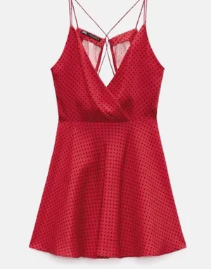 ZARA Satin Effect Red And Black Polka Dot Mini Dress thumbnail 1