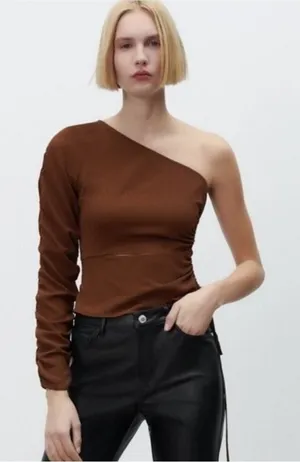 Zara Asymmetrical Top Women's XS‎ Brown Going Out Minimalist Chic thumbnail 1