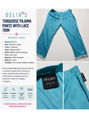dELiA*s Women’s Pajama Pants Size Large Turquoise Blue Lace Trim Drawstring thumbnail 2