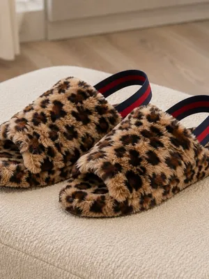 Leopard Faux Fur Slingback Slippers Fuzzy Plush House Shoes SZ 6 NWT thumbnail 3