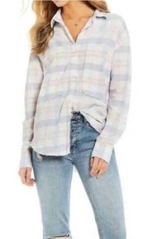 FREE PEOPLE‎ Frayed Plaid Button Up Long Sleeve White Pink Small thumbnail 1