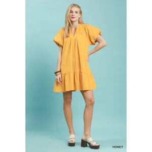 Umgee Flutter Sleeve Tassel Tie Ruffle Hem Mini Dress - Honey - Small thumbnail 4