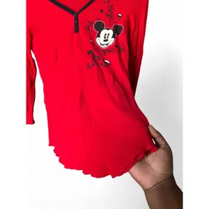 Y2K Mickey Mouse Fairy Grunge Thermal Waffle Knit Henley Red Long Sleeve Top M thumbnail 2