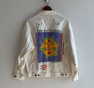 Silent Fish Vintage White Sun Face Denim Jacket thumbnail 4