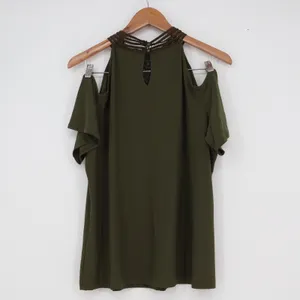 Perception Concept Olive Green Cold Shoulder Crochet Lace High Neck Top XL thumbnail 4