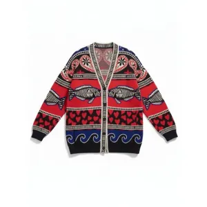 Farm Rio Art to Wear Fair Isle Knit Cardigan Sweater Hearts Fish Waves Large thumbnail 3