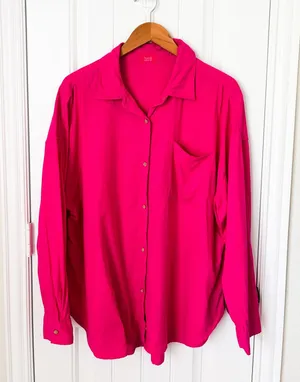 Nuuds Linen Boyfriend Shirt Hot Pink Size Large Button Down thumbnail 1