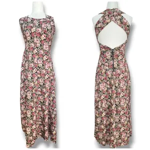 Vintage 90s All That Jazz Rose Floral Open Cross Back Maxi Dress Dark Romantic thumbnail 2