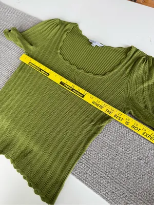 Ophelia Roe Scalloped Square-Neck Ribbed Knit Top in Olive Green Sz Large thumbnail 8