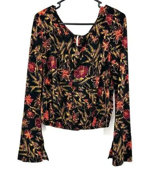 Free People Size M Scoop Neck Long Bell Sleeve Top Black and Yellow Floral Print thumbnail 1