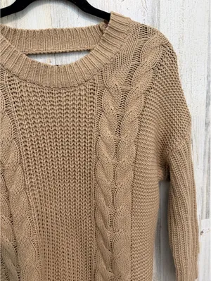 Tan Cable Knit Cutout Back Sweater Tunic Open Knit Size 11-13 thumbnail 5
