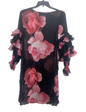 TOV Los Angeles Red Black Floral Ruffle Sleeve Sheer Crinkle Midi Dress 44 XL thumbnail 1