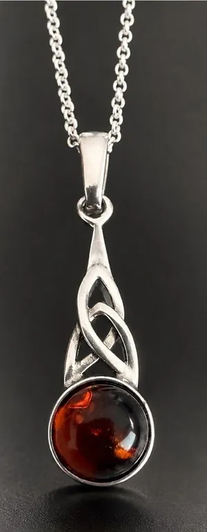 Estate Sterling Silver Celtic Knot Baltic Amber Necklace w/ Sterling Plate Chain thumbnail 1