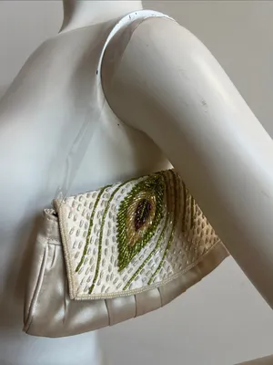Peacock Ivory Beaded vintage Evening Clutch or shoulder bag thumbnail 10