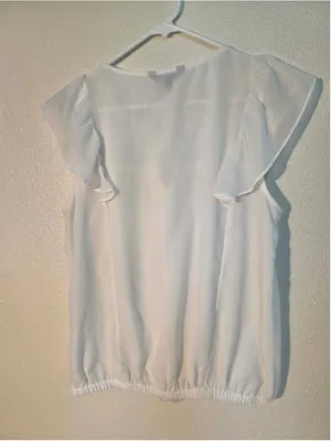 Express Women’s Ruffle Keyhole Chiffon Blouse Blouson Waist White Medium W-243 thumbnail 2