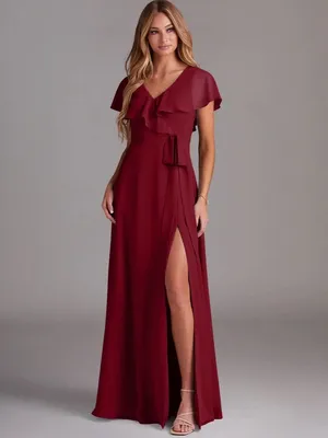 Azazie Burgundy Ruffle Wrap Maxi Dress with Side Slit thumbnail 2