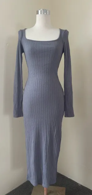 wild fable Ribbed Square-Neck Long Sleeve Maxi Dress - Gray thumbnail 1