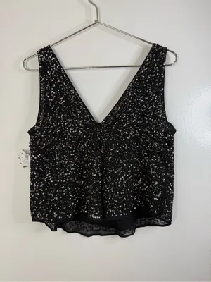 Zara nWT black sequin, beaded V-neck lined tank top blouse. M thumbnail 2