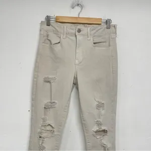 American Eagle Tan Distressed Skinny High Rise Jeans Womens 10 Denim Zip Fly thumbnail 3