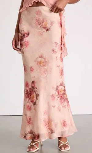 Lulu's Blush Pink Floral Satin Maxi Skirt thumbnail 1