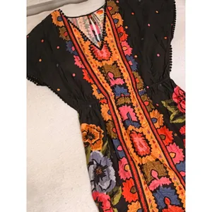 Farm Rio Anthropologie Black Floral Mini Dress Size S Boho V-Neck Pom Trim thumbnail 7