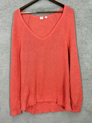 Gap Sweater Tunic Womens Large Pink Coral Knit Slouchy Spring Preppy‎ Fisherman thumbnail 1