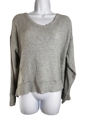 OFFLINE by Aerie Heather Gray‎ Waffle Knit V-Neck Long Sleeve Top Small thumbnail 1