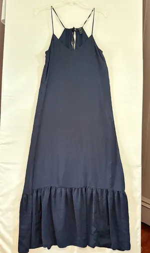 J.Crew Navy Blue Halter Maxi Dress XS Tassel Tie Keyhole Back Tiered Flounce Hem thumbnail 1