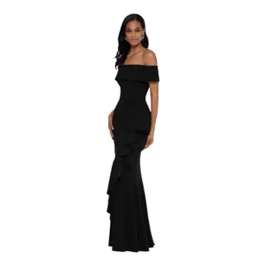 Betsy & Adam BLACK OFF THE SHOULDER Crepe RUFFLE Mermaid GOWN Size 2 Petite thumbnail 8