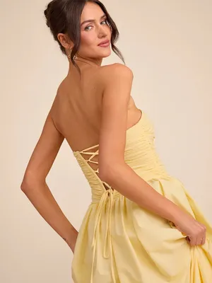 NWT Lulus Marilou Light Yellow Strapless Ruched Lace-Up Maxi Dress thumbnail 3