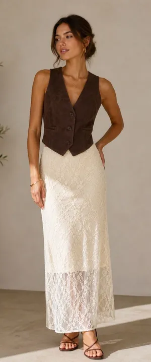 Sincerely ­ Jules Brown Faux Suede Vest & Lace Midi Skirt Set - Boho Chic Outfit thumbnail 1