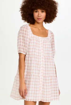 EN SAISON GINGHAM DRESS Size S Tan thumbnail 1
