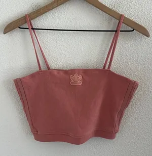 Adidas Pink Mauve Embroidered Patch Logo Crop Three Stripe Mini Rib Crop Top M thumbnail 1